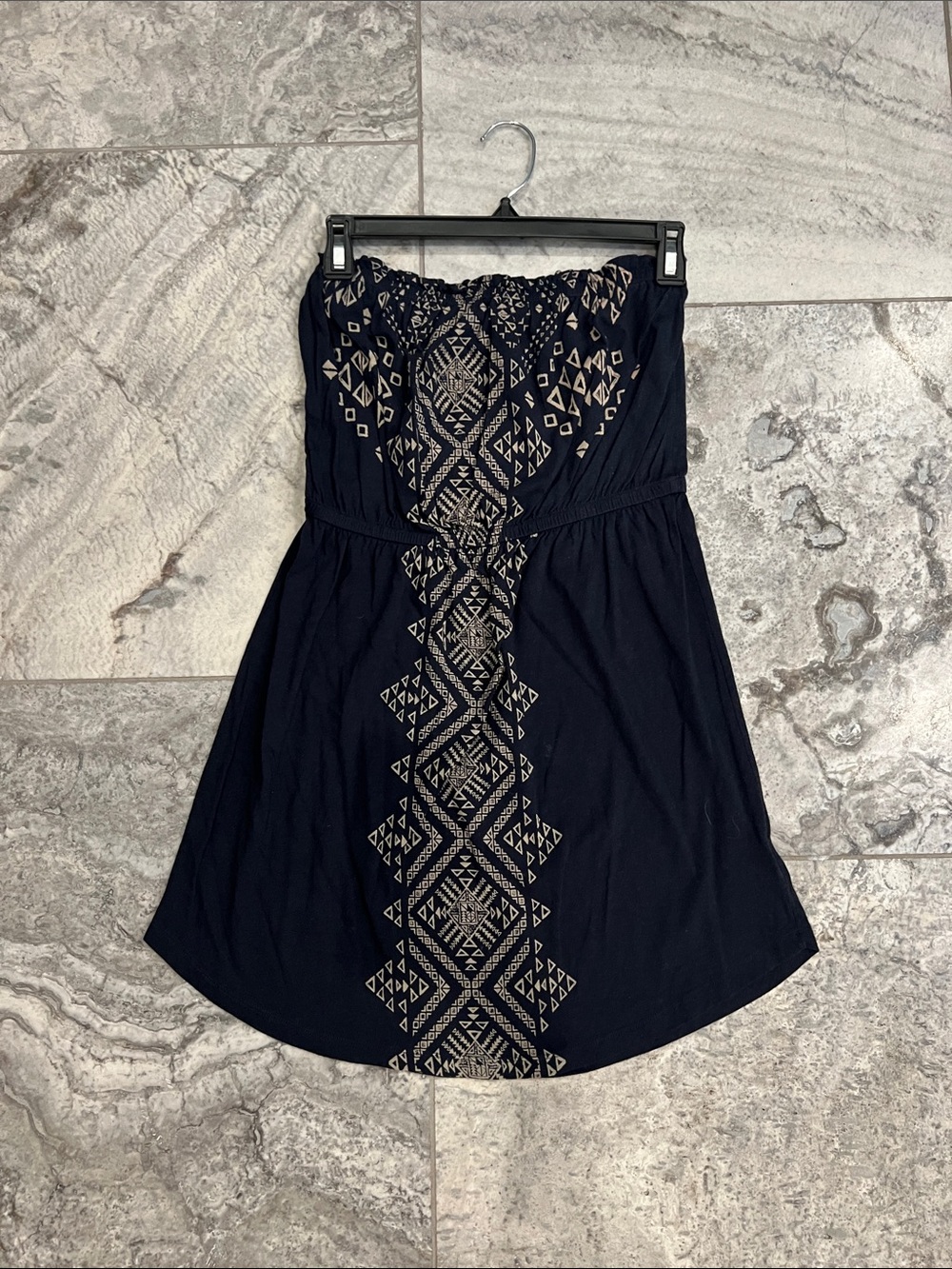 Billabong Navy Strapless Dress with Beige Geometric Embroidery